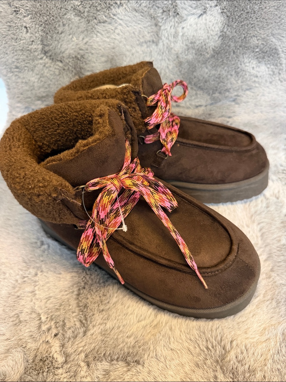 Falls Creek Brown Faux-Shearling Ankle Slippers with Pink Multi Laces